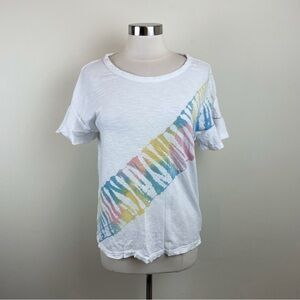 True Craft White Pink Yellow Blue Tie Dye Stripe Ruffle Sleeve Tee Shirt Top